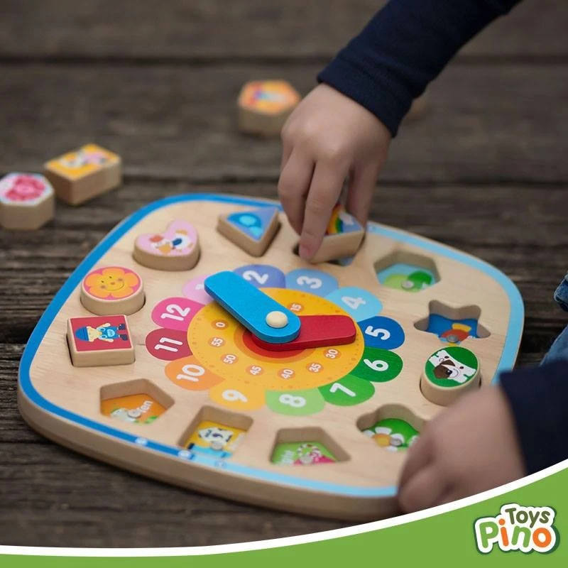 Образователен дървен часовник Pino, с магнитни геометрични фигурки за сортиране